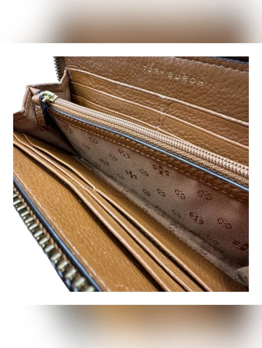 Tory Burch Brown Leather Zip Wallet with Braided Trim And Tassel